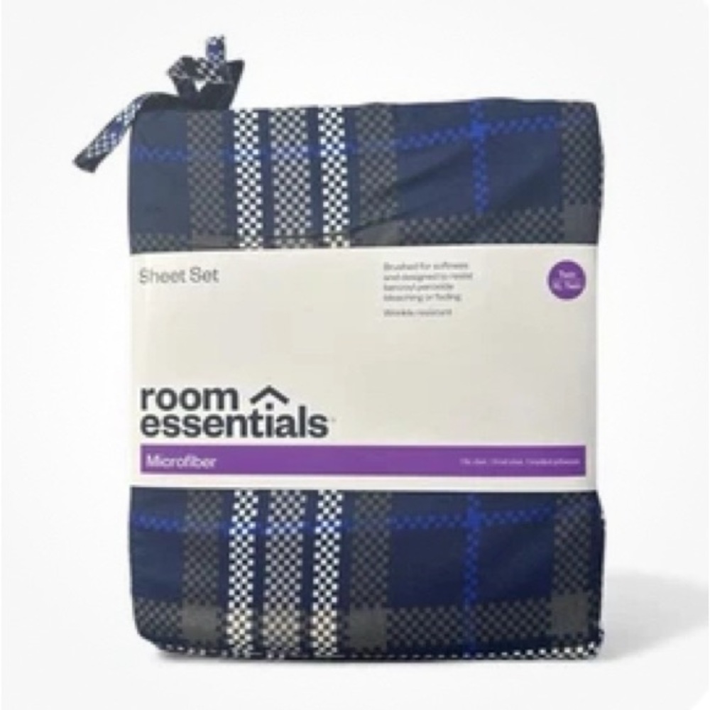 Twin/Twin Extra Long Microfiber Sheet Set Blue/Gen Plaid - Room Essentials NEW